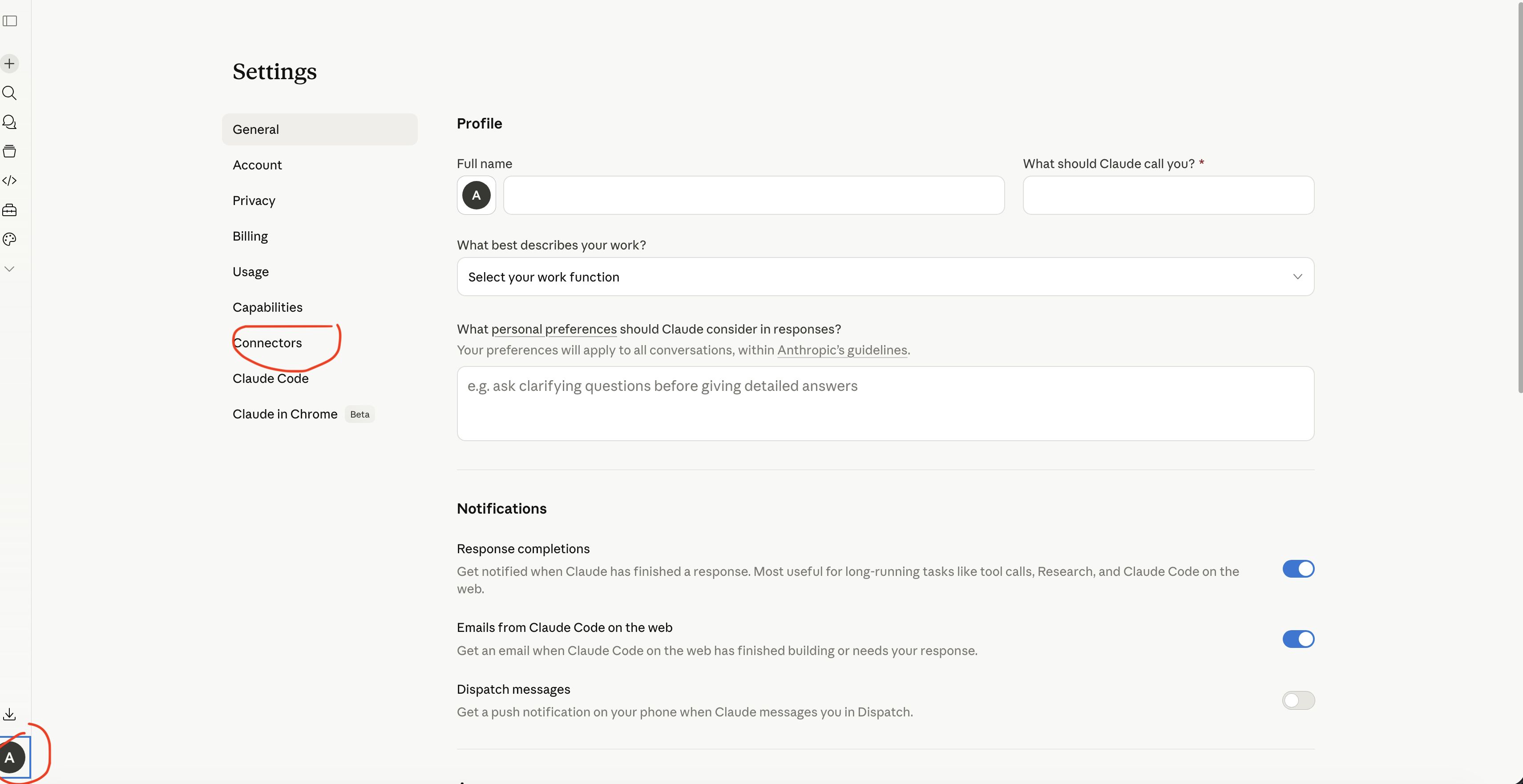 Settings → General in claude.ai
