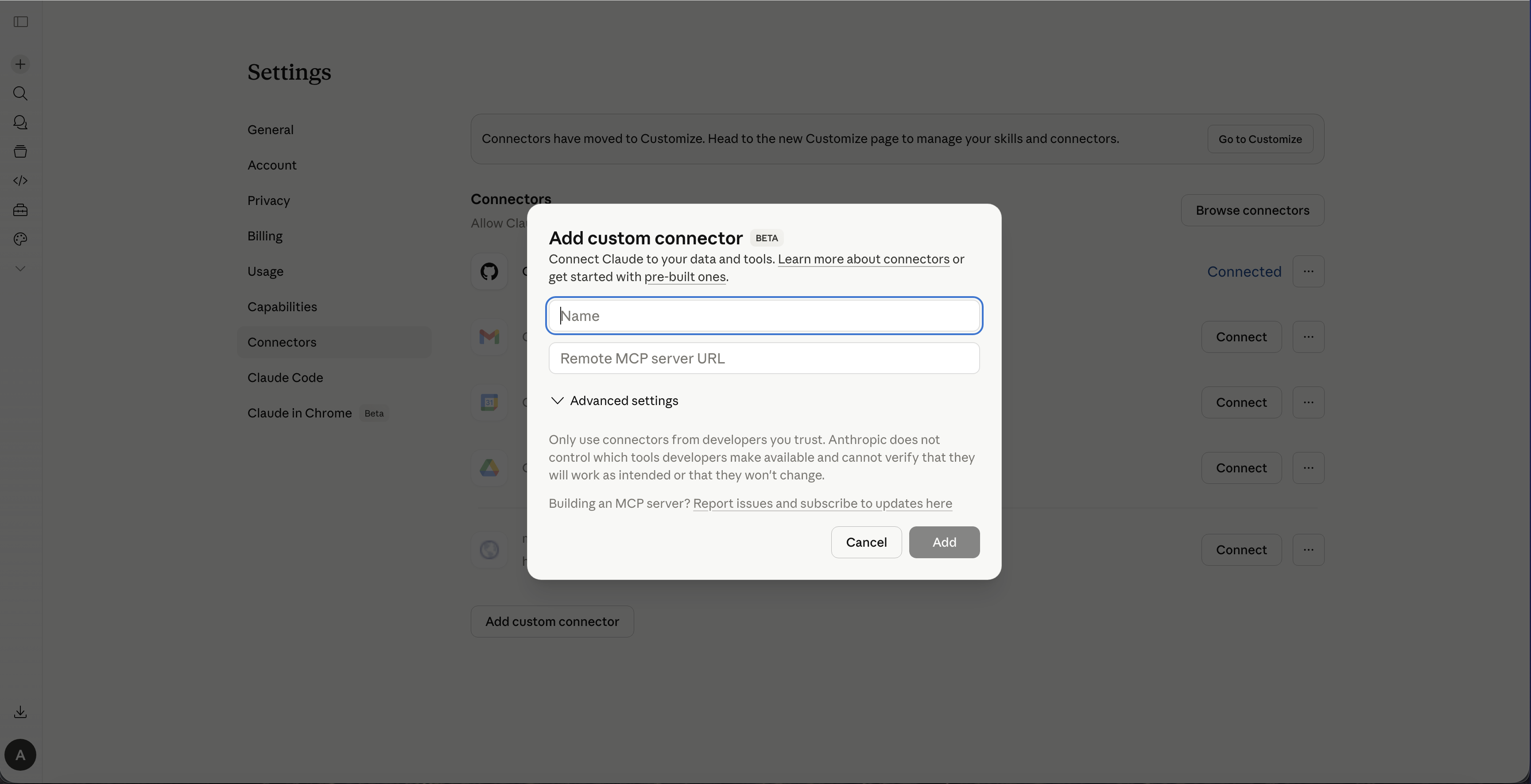 Add custom connector modal with Name and Remote MCP server URL fields